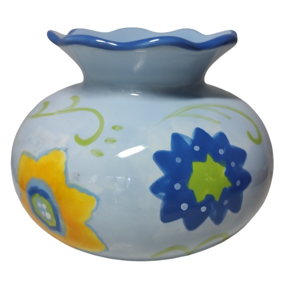 Vintage Kimberly Hodges Hallmark‎ Vase Hand Painted Blue Floral Scalloped Edge - Picture 1 of 7